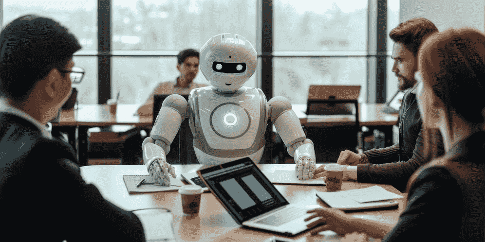 AI robot conducting a business meeting with professionals in a modern office